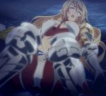  bikini bikini_warriors blonde_hair bra breasts eyes_closed female gradient gradient_background highres large_breasts long_hair lying open_mouth paladin_(bikini_warriors) panties solo stitched swimsuit underboob underwear 