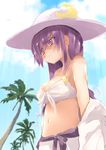  alternate_headwear bikini bikini_top blush cloud crescent day hat highres long_hair looking_away midriff navel patchouli_knowledge purple_eyes purple_hair sky solo sweat swimsuit touhou tree waira 