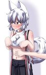  animal_ears blush breasts cowboy_shot embarrassed hand_on_another's_stomach highres inubashiri_momiji kouno_ibuki large_breasts looking_away midriff navel panties pom_pom_(clothes) red_eyes short_hair solo sweat tail touhou underboob underwear wolf_ears wolf_tail 
