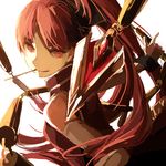  bare_shoulders detached_sleeves food from_above lemontea long_hair magical_girl mahou_shoujo_madoka_magica mouth_hold pocky polearm ponytail red_eyes red_hair sakura_kyouko smile solo spear weapon 