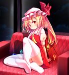  &gt;:) bad_id bad_pixiv_id blonde_hair cloud couch flandre_scarlet hat highres indoors long_hair naughty_face no_shoes oimo_(imoyoukan) pointy_ears puffy_short_sleeves puffy_sleeves red_eyes shadow short_sleeves side_ponytail sitting smile solo thighhighs thighs touhou v-shaped_eyebrows white_legwear window wings 