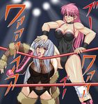  2girls alternate_color asphyxiation bare_shoulders blood blush boots breasts choking cleavage corruption detached_sleeves evil_grin evil_smile fingerless_gloves freia_kagami fur_trim gloves grin knee_pads large_breasts leotard long_hair mighty_yukiko multiple_girls open_mouth pink_hair purple_eyes red_eyes ryona saliva shiny shiny_skin silver_hair smile taroimo_(00120014) tongue tongue_out translation_request wince wrestle_angels wrestle_angels_survivor wrestling wrestling_outfit wrestling_ring 