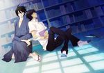  black_hair book bookshelf closed_eyes gakuran glasses goroo itoshiki_nozomu japanese_clothes kimono kudou_jun male_focus multiple_boys sandals sayonara_zetsubou_sensei school_uniform sitting 