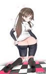  arashio_(kantai_collection) arm_warmers ass bike_shorts bike_shorts_pull black_legwear brown_eyes brown_hair from_behind highres kantai_collection kneehighs kneeling long_hair looking_back mitsudoue no_panties undressing 