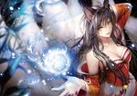  ahri animal_ears bare_shoulders black_hair breasts cleavage collarbone fox_ears fox_tail komecchi korean_clothes large_breasts league_of_legends long_hair looking_at_viewer magic multiple_tails nail_polish solo tail yellow_eyes 