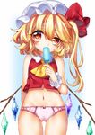  ascot bad_id bad_pixiv_id blonde_hair blush bow cameltoe flandre_scarlet food hat hat_bow kyouda_suzuka looking_at_viewer mob_cap navel no_pants panties popsicle red_eyes simple_background solo touhou underwear white_background white_panties wings wrist_cuffs 