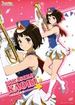  absurdres artist_request band_uniform boots brown_hair character_name copyright_name elbow_gloves gloves hibike!_euphonium highres instrument knee_boots legs mole mole_under_eye nakaseko_kaori non-web_source official_art pink_eyes short_hair smile solo trumpet white_footwear zoom_layer 