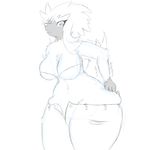  2015 anthro big_breasts biting_lip black_and_white breasts canine dog female fur furfrou mammal monochrome nintendo pok&eacute;mon simple_background solo thick_thighs video_games white_fur wide_hips 