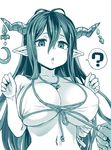  asanagi bikini breasts cleavage danua draph granblue_fantasy green horns jewelry large_breasts long_hair monochrome navel necklace open_mouth pulled_by_another pulling solo swimsuit triangle_mouth untying 