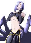  arachne bare_shoulders breasts carapace claws cowboy_shot detached_sleeves extra_eyes hand_on_own_chest hand_on_own_face highres insect_girl koo_teitoku large_breasts lavender_hair monster_girl monster_musume_no_iru_nichijou multiple_legs navel pelvic_curtain rachnera_arachnera red_eyes simple_background solo spider_girl underboob white_background 