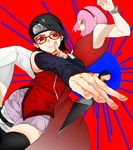  arm_warmers artist_request bandage bare_shoulders black_hair boruto:_the_movie bracelet facial_mark fingernails forehead_mark forehead_protector glasses green_eyes hairband haruno_sakura holding holding_weapon jewelry kunai looking_at_viewer mother_and_daughter multiple_girls naruto pink_hair red-framed_glasses red_eyes red_shirt sharingan shirt short_shorts shorts sleeveless sleeveless_shirt thigh_strap uchiha_sarada weapon 