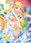  ball beachball bikini blonde_hair breasts cleavage full_body hair_ornament hair_ribbon hairclip jewelry jin_young-in long_hair looking_at_viewer navel necklace open_mouth original purple_eyes ribbon rubber_duck side-tie_bikini small_breasts solo splashing swimsuit twintails untied untied_bikini very_long_hair wardrobe_malfunction water 