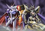  2boys alphamon alphamon_ouryouken bandai blue_eyes cape digimon hamada_sukaru horns ky?kyoku_senjin_oury?ken kyå«kyoku_senjin_ouryå«ken male_focus monster multiple_boys official_art omegamon royal_knights shoulder_pads simple_background sword weapon wings 