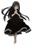  akemi_homura barefoot black_hair black_hairband dress funeral_dress hairband long_hair looking_at_viewer mahou_shoujo_madoka_magica mahou_shoujo_madoka_magica_movie official_art purple_eyes ribbon scan smile solo 