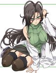  1girl breasts female glasses green_eyes hasegawa_chisato large_breasts long_hair looking_at_viewer mole official_art ookuma_(nitroplus) open_mouth shinmai_maou_no_testament simple_background sitting skirt smile solo striped_background sweater thighhighs 