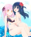  2girls ass bikini black_hair blue_eyes blush breasts character_name chloe_withers dated flower hair_flower hair_ornament hibiscus highres homura_subaru large_breasts lillian_ljungstrom long_hair looking_at_viewer multicolored multicolored_polka_dots multiple_girls navel original pink_hair polka_dot polka_dot_bikini polka_dot_scrunchie polka_dot_swimsuit scrunchie signature smile swimsuit water wrist_scrunchie yellow_eyes yuri 