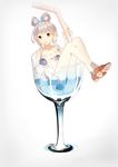  absurdres bendy_straw breasts brown_eyes cleavage cocktail cocktail_glass cup drinking_glass drinking_straw full_body grey_hair hair_ribbon hair_rings high_heels highres ice ice_cube in_container in_cup knees_up looking_away looking_to_the_side luo_tianyi medium_breasts minigirl mouth_hold nude olive oversized_object ribbon shoes simple_background sitting socks solo tadatsu tress_ribbon vocaloid vocanese wet white_background 