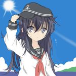  adjusting_clothes adjusting_hat akatsuki_(kantai_collection) blue_sky core_(mayomayo) day hat kantai_collection long_hair looking_at_viewer neckerchief purple_eyes purple_hair red_neckwear school_uniform serafuku sky solo sun sweat translation_request 