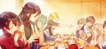  black_hair blonde_hair blue_eyes bottle brown_hair chin_rest doudanuki_masakuni eating food french_fries green_hair hamburger hebino_rai heshikiri_hasebe horikawa_kunihiro izumi-no-kami_kanesada jacket midare_toushirou multiple_boys nikkari_aoe open_mouth pointing scar shishiou touken_ranbu track_jacket yagen_toushirou yamanbagiri_kunihiro 