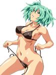  armpits bikini black_bikini blush breasts cleavage collarbone cowboy_shot green_eyes green_hair ikkitousen looking_at_viewer medium_breasts navel open_mouth pulled_by_self ryofu_housen short_hair solo stomach strap_pull swimsuit twintails underboob untied untied_bikini white_background yoshimo_(yoshimo) 
