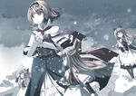  alice_margatroid apron ascot blonde_hair blue_dress blue_eyes blurry book capelet clere doll dress frills hair_ribbon hairband long_hair long_sleeves looking_at_viewer looking_away necktie profile ribbon shanghai_doll short_hair sky snow snowing solo touhou waist_apron 