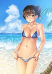 absurdres areola_slip areolae backlighting beach bikini blue_bikini blue_sky blush breasts brown_eyes brown_hair cleavage cloud collarbone cowboy_shot day front-tie_bikini front-tie_top groin highres jakelian kaga_(kantai_collection) kantai_collection large_breasts long_hair looking_at_viewer navel outdoors revealing_clothes side_ponytail sky solo swimsuit swimsuit_tug thigh_gap tree_branch 