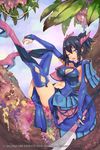  ;d black_hair blue_dress blue_eyes blue_footwear blue_legwear boots breasts bridal_gauntlets cleavage cleavage_cutout colored_eyelashes day dress flower hair_ornament high_heels highres horns large_breasts navel navel_cutout official_art one_eye_closed open_mouth purple_horns sangokushi_ranbu short_hair shrug_(clothing) smile solo thigh_boots thighhighs weapon zutta 