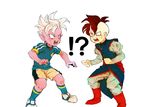  2boys blush brown_hair cosplay costume_switch crossover dragon_ball dragon_ball_z fudou_akio fudou_akio_(cosplay) full_body ieiieiiei inazuma_eleven inazuma_eleven_(series) kaioushin kaioushin_(cosplay) look-alike male_focus mohawk multiple_boys pointy_ears purple_skin soccer_uniform sportswear surprised sweatdrop trait_connection white_hair 