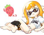  barefoot bike_shorts bike_shorts_pull clothes_writing date_pun domino_mask food food_print fruit inkling kabyu long_hair mask monster_girl navel number_pun orange_eyes orange_hair panties panties_day pointy_ears print_panties shirt short_sleeves simple_background solo splatoon_(series) splatoon_1 strawberry strawberry_panties strawberry_panties_day strawberry_print t-shirt tentacle_hair toes underwear white_background white_shirt 