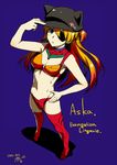  2015 alpha_(yukai_na_nakamatachi) blue_background blue_eyes character_name commentary_request dated eyepatch hat highres lingerie long_hair neon_genesis_evangelion rebuild_of_evangelion red_hair shikinami_asuka_langley simple_background solo souryuu_asuka_langley thighhighs underwear 