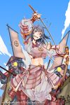  2015 :d antenna_hair armor blue breasts brown_eyes cloud day highres holding holding_sword holding_weapon japanese_armor katana kusazuri large_breasts muneate navel official_art open_mouth outline purple_hair sengoku_yaraideka sheath short_hair shoulder_armor smile sode solo_focus sword teeth weapon zutta 