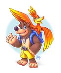  avian backpack banjo banjo-kazooie bear bird blue_eyes brown_fur clothing feathers fur green_eyes kazooie looking_at_viewer luigil mammal musical_instrument pants red_feathers waving yellow_feathers 