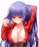  adjusting_hair bad_id bad_tumblr_id blush breasts cleavage gloves hizuki_akira large_breasts long_hair natsume_(pokemon) pokemon pokemon_(game) purple_hair red_eyes simple_background solo sweat upper_body white_background 