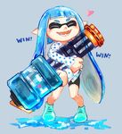  bike_shorts blue_hair blush closed_eyes collared_shirt domino_mask fangs full_body gun happy heart heavy_splatling_(splatoon) hug inkling long_hair mask mimimi_(echonolog) object_hug paint pointy_ears shirt solo splatoon_(series) splatoon_1 tentacle_hair weapon 