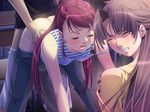  1boy 2girls alea arm_support asao_ren bent_over blush brown_hair caught classroom clenched_teeth clothed_sex doggystyle eyes_closed forced_to_watch game_cg ino jpeg_artifacts long_hair multiple_girls niimi_saya open_mouth panties pants_pull panty_pull ponytail red_hair sex striped tank_top teacher teeth torso_grab underwear 
