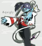  1girl bare_shoulders blue_hair blue_skin breasts detached_collar detached_sleeves hair_over_one_eye highres leviathan_(skullgirls) red_eyes side_ponytail simple_background skirt skull skullgirls squigly_(skullgirls) stitched_mouth striped_sleeves zombie 