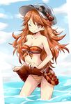  ;) bandeau belt bikini brown_eyes brown_hair closed_mouth covered_nipples day front-tie_top goggles goggles_on_headwear granblue_fantasy hat long_hair looking_at_viewer mary_(granblue_fantasy) one_eye_closed panties plaid plaid_skirt skirt skirt_lift smile solo strapless striped striped_bikini striped_panties swimsuit underwear wading wansuro 
