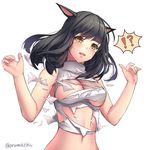  1girl aruma_jiki black_hair blush breasts cleavage final_fantasy final_fantasy_xiv long_hair medium_breasts miqo'te navel open_mouth simple_background solo sweatdrop torn_clothes twitter_username white_background yellow_eyes 
