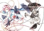  bird cat frilled_skirt frills hair_ornament hairband heart heart_hair_ornament kaenbyou_rin kaenbyou_rin_(cat) komeiji_koishi komeiji_satori long_sleeves multiple_girls pink_hair reiuji_utsuho reiuji_utsuho_(bird) short_hair simple_background skirt socha third_eye touhou upside-down white_background wide_sleeves 