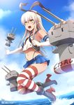  blonde_hair commentary doctorzexxck highres kantai_collection lifebuoy midriff miniskirt rensouhou-chan shimakaze_(kantai_collection) skirt striped striped_legwear thighhighs watermark 