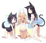  all_fours animal_ears bikini black_hair blonde_hair blue_eyes cat_ears cat_tail crab_man fang flat_chest fox_ears fox_tail green_eyes innertube kneeling long_hair multiple_girls navel old_school_swimsuit one-piece_swimsuit one-piece_tan open_mouth original red_eyes school_swimsuit short_hair side-tie_bikini swimsuit tail tan tanline wolf_ears wolf_tail 