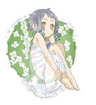  1girl barefoot blush english flower grey_hair idolmaster idolmaster_million_live! makabe_mizuki simple_background solo spawnfoxy white_dress yellow_eyes 