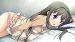  ayase_sayuki bed_sheet between_legs black_hair blue_eyes blush caught dress dress_lift fingering game_cg hand_between_legs highres jpeg_artifacts kantoku long_hair long_sleeves looking_at_viewer lying masturbation masturbation_through_clothing nose_blush open_mouth panties pink_panties solo sweat underwear your_diary 