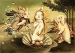  birth_of_venus blonde_hair flower forest hair inspired_by_proper_art lagomorph looking_at_viewer mammal monochrome plant rabbit sepia traditional_media_(artwork) tree unknown_artist watercolor_(artwork) 