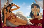  ahri animal_ears aqua_hair arm_support bangle bare_shoulders barefoot beach bikini black_hair blue_bikini bracelet breasts cleavage curtains day eu03 facial_mark fox_ears fox_tail hanging_breasts highres huge_breasts jewelry league_of_legends lips long_hair looking_at_viewer lying micro_bikini midriff multiple_girls nail_polish navel o-ring o-ring_bikini o-ring_bottom o-ring_top on_side open_mouth outdoors parted_lips red_bikini red_nails sitting smile sona_buvelle strap_gap swimsuit tail thong_bikini twintails very_long_hair whisker_markings yellow_eyes 