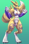  anthro black_sclera blue_eyes bottomless breasts canine clothed clothing dickgirl digimon edit fox fur half-dressed hi_res intersex mammal markings muscles mykiio nipples nude penis renamon solo toeclaws white_fur wide_hips yellow_fur 