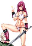  armor bikini_armor bikini_warriors breasts dark_elf_(bikini_warriors) dragon fighter_(bikini_warriors) gacha_(ssaketen) huge_breasts long_hair red_eyes red_hair sandals solo sword v weapon 