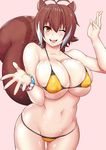  ;) animal_ears antenna_hair bikini blazblue breasts brown_hair bursting_breasts cleavage groin hair_between_eyes highres huge_breasts lowleg lowleg_bikini makoto_nanaya micro_bikini multicolored_hair navel one_eye_closed open_mouth shiny shiny_skin short_hair skindentation smile solo squirrel_ears squirrel_tail swimsuit tail tanabe_(studio_tiamat) two-tone_hair underboob white_hair wristband 