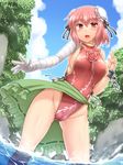  adapted_costume bandages blush breasts bun_cover cameltoe chain covered_nipples cuffs double_bun flower highleg highleg_swimsuit highres ibaraki_kasen large_breasts looking_at_viewer naked_tabard one-piece_swimsuit open_mouth pink_eyes pink_hair river rose sarong shackles short_hair sideboob smile solo swimsuit tabard touhou water yoshi_tama 