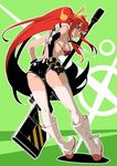  absurdres ass boots breasts gloves goomrrat green_background gun hair_ornament highres lens_flare long_hair looking_back ponytail red_hair scarf short_shorts shorts sideboob smile solo tengen_toppa_gurren_lagann thighhighs underboob very_long_hair weapon white_footwear white_legwear yellow_eyes yoko_littner 